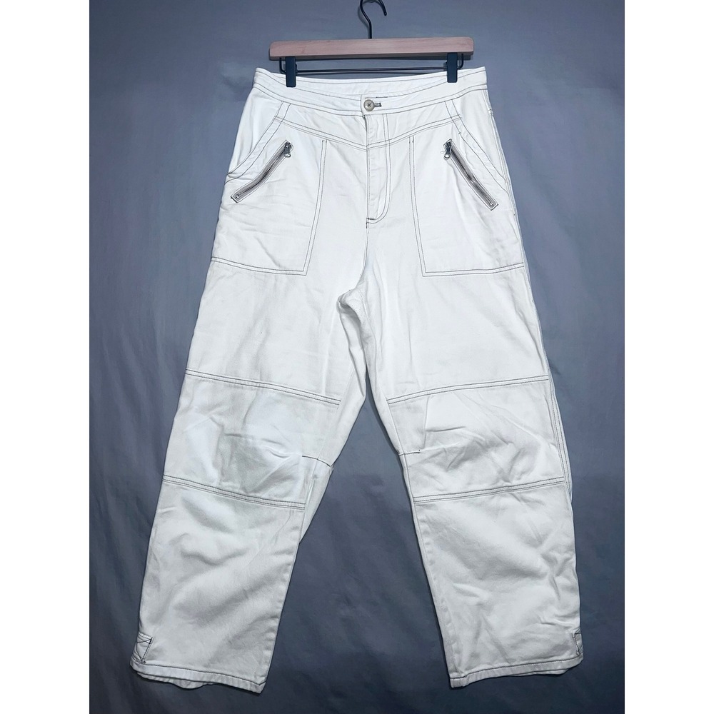 Free People White Contrast Stitch Wide Leg Utility Carpenter Pants Size 12